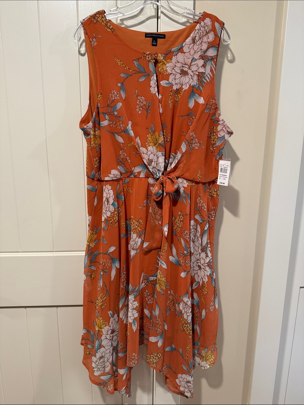 NWT Signature Studio Size XL Rust/Ivory/Olive Dress Sleeveless Handkerchief hem